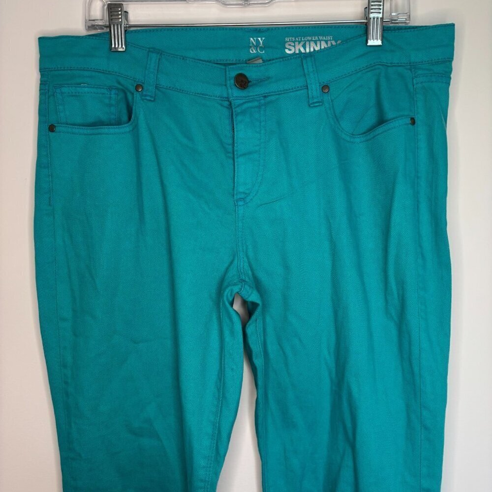 NY&C NEW Sits at Lower Waist Skinny Jean Women 12 Teal Rhinestones Stretch